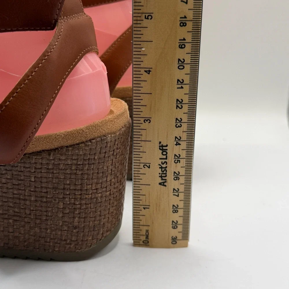 Vionic Clarisa Tan Leather Raffia Wedge Sandals Strappy Platform Brown 8